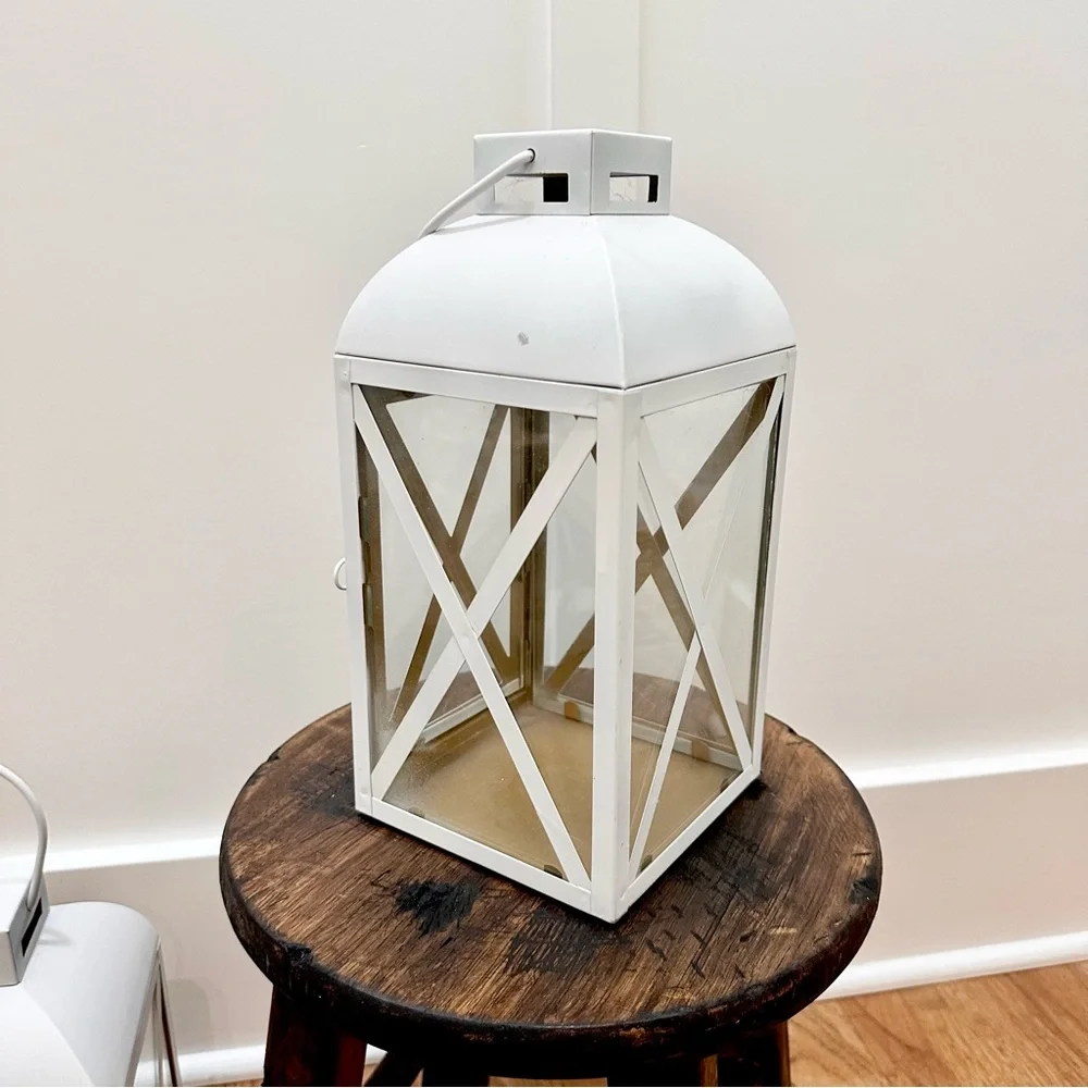 Set Of 2 Medium White Vintage Lanterns W/ Matte Gold Interior Metal & Glass